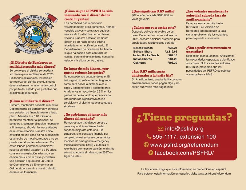 Pinellas Suncoast Fire and Rescue District Referendum Fact Sheet Spanish Page 2